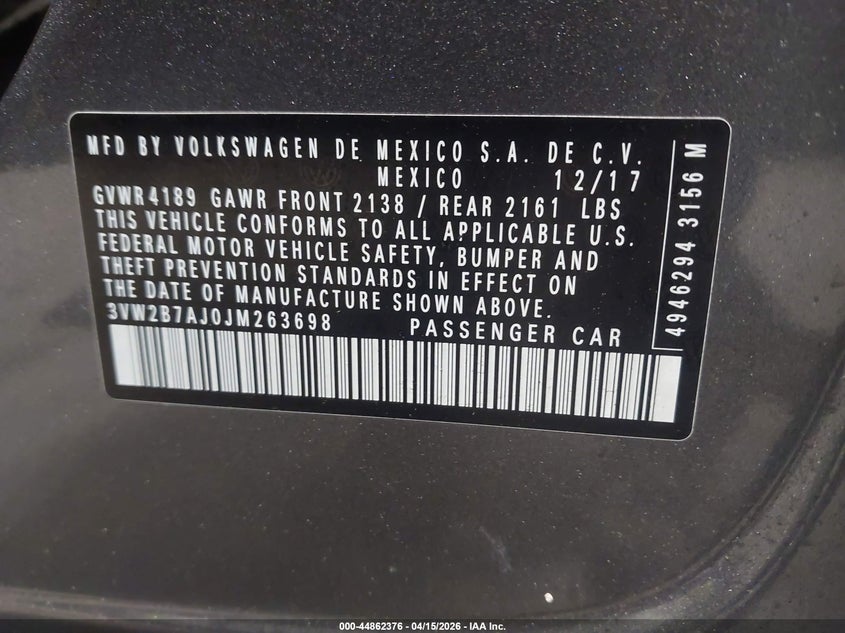 2018 Volkswagen Jetta 1.4T S VIN: 3VW2B7AJ0JM263698 Lot: 44862376