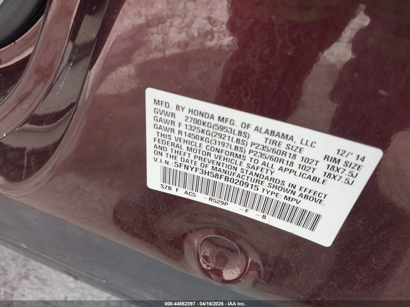 2015 Honda Pilot 3.5 Ex-L Red Lot 111044862397 Vin 5FNYF3H58FB020915