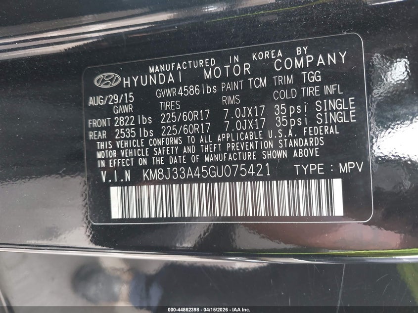 2016 Hyundai Tucson Limited/Sport And Eco/Se VIN: KM8J33A45GU075421 Lot: 44862398