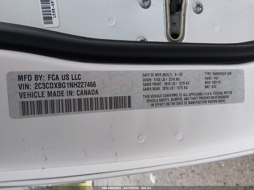 2022 Dodge Charger Sxt Rwd VIN: 2C3CDXBG1NH227466 Lot: 44862402