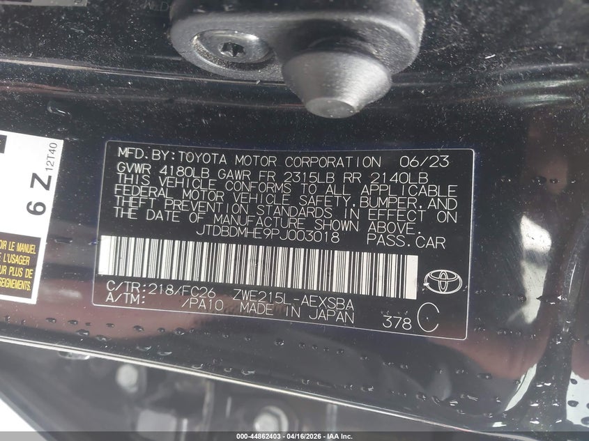 2023 TOYOTA COROLLA 1.8L I-4 DOHC, VVT, (VIN: JTDBDMHE9PJ003018