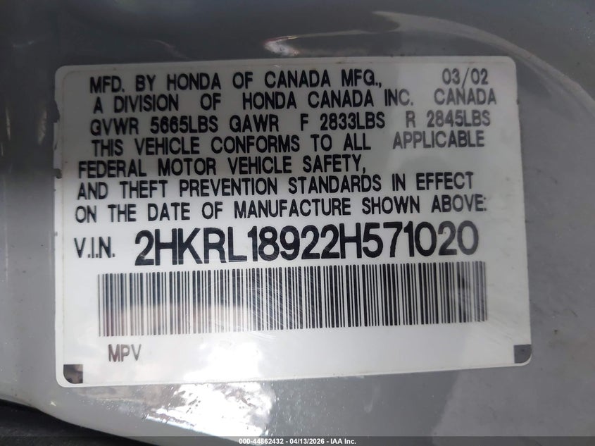 2002 Honda Odyssey Ex-L VIN: 2HKRL18922H571020 Lot: 44862432