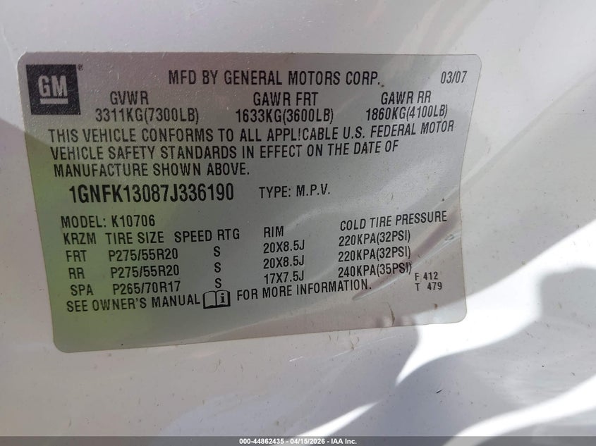 2007 Chevrolet Tahoe Lt VIN: 1GNFK13087J336190 Lot: 44862435