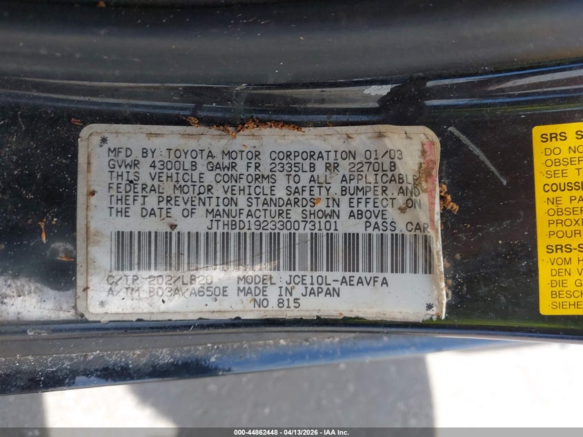 2003 Lexus Is 300 VIN: JTHBD192330073101 Lot: 44862448