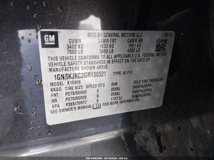 2016 Chevrolet Suburban Ltz VIN: 1GNSKJKC3GR130321 Lot: 44862469