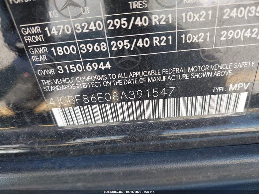 MERCEDES-BENZ GL 550 2008 VIN 4JGBF86E08A391547
