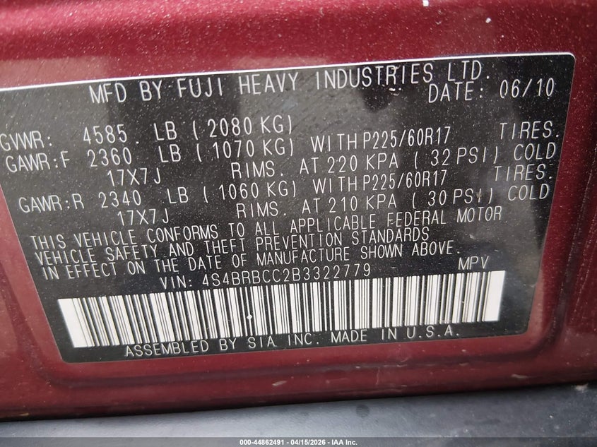 2011 Subaru Outback 2.5I Premium VIN: 4S4BRBCC2B3322779 Lot: 44862491