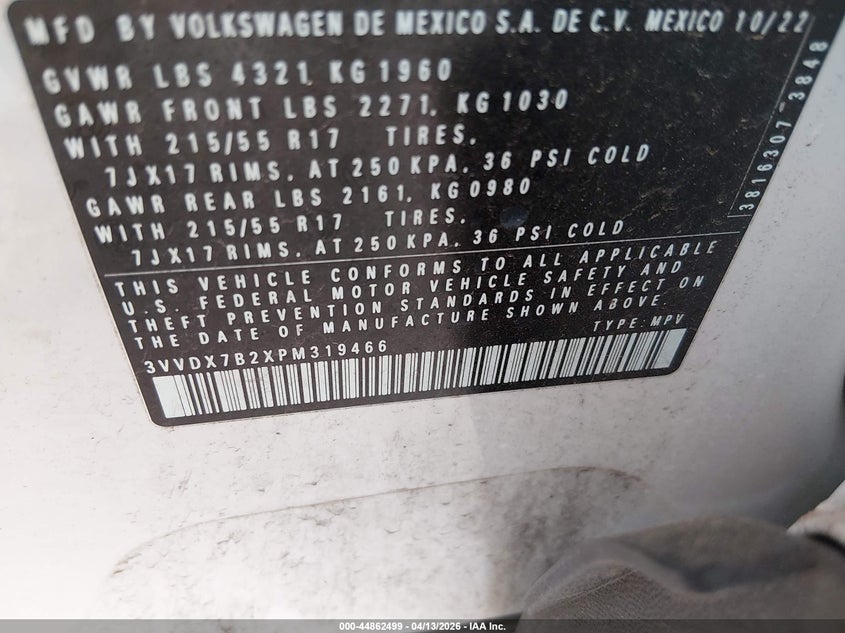 2023 Volkswagen Taos 1.5T S VIN: 3VVDX7B2XPM319466 Lot: 44862499