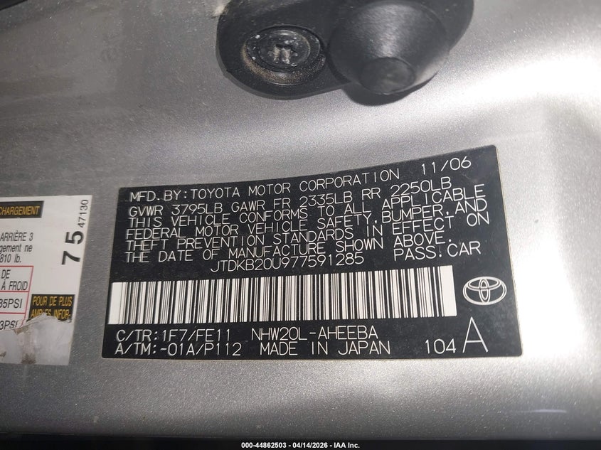 2007 Toyota Prius VIN: JTDKB20U977591285 Lot: 44862503