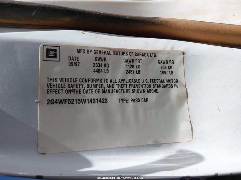 1998 Buick Regal Gs VIN: 2G4WF5215W1431423 Lot: 44862513