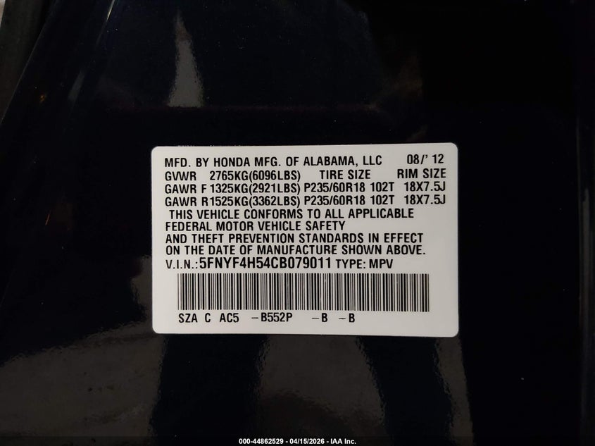2012 Honda Pilot VIN: 5FNYF4HS4CB079011 Lot: 44862529