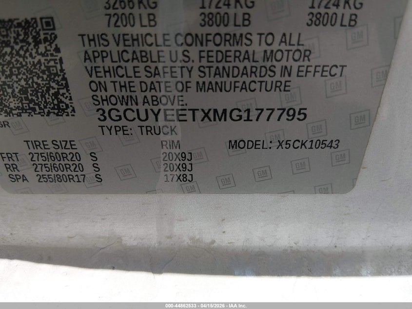 2021 Chevrolet Silverado 1500 4Wd Short Bed Rst VIN: 3GCUYEETXMG177795 Lot: 44862533