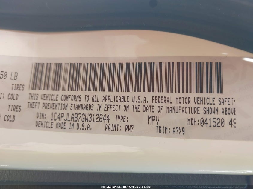 2016 Jeep Cherokee Sport VIN: 1C4PJLAB7GW312644 Lot: 44862554