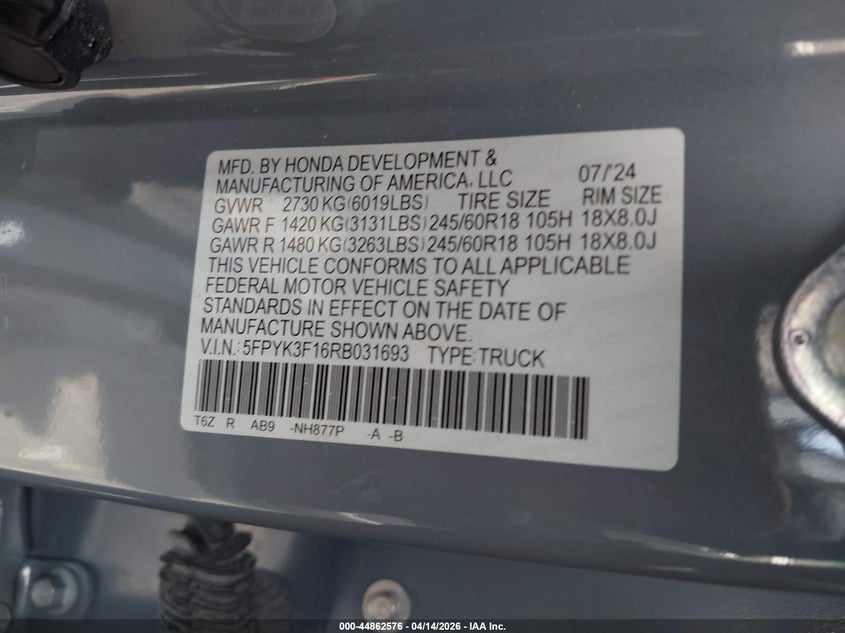 2024 Honda Ridgeline 3.5 Sport grey Lot 111044862576 Vin 5FPYK3F16RB031693