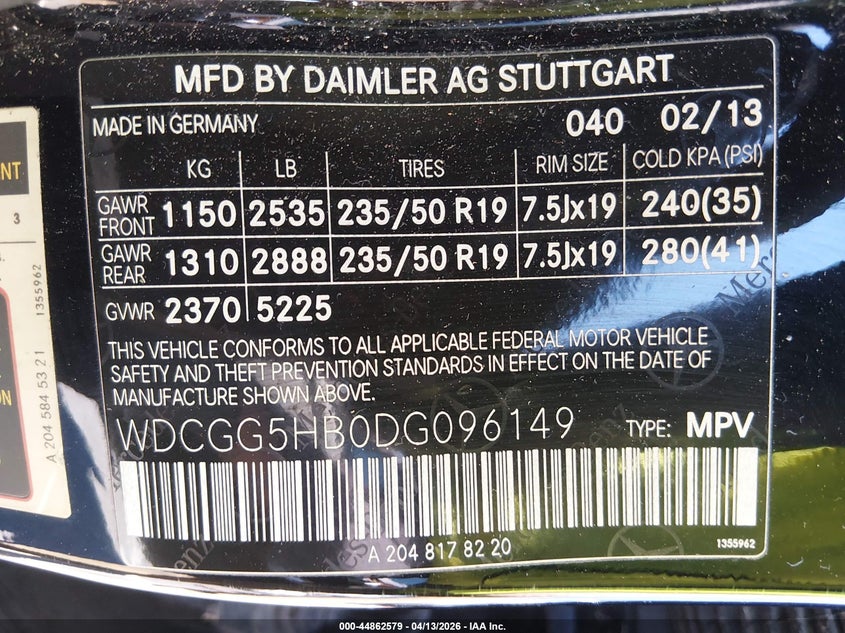 2013 Mercedes-Benz Glk 350 VIN: WDCGG5HB0DG096149 Lot: 44862579