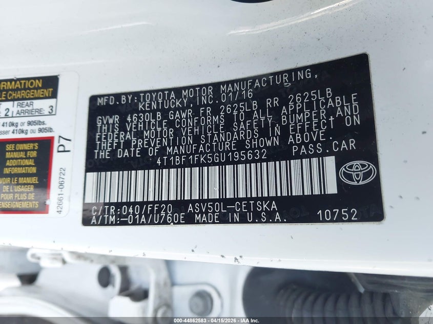 2016 Toyota Camry Se VIN: 4T1BF1FK5GU195632 Lot: 44862583