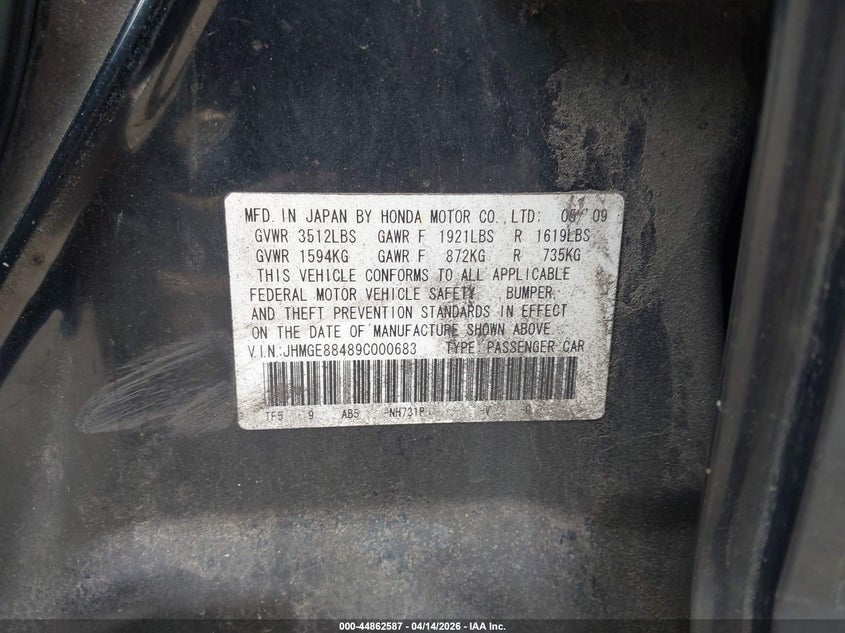 2009 Honda Fit Sport VIN: JHMGE88489C000683 Lot: 44862587