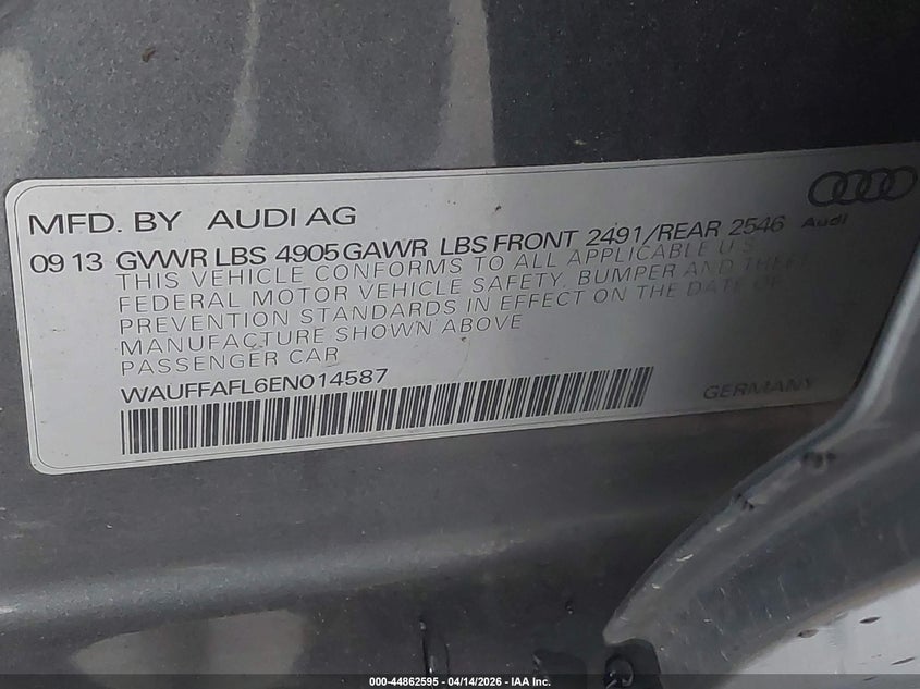 2014 Audi A4 2.0T Premium VIN: WAUFFAFL6EN014587 Lot: 44862595