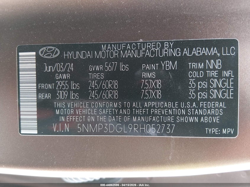 2024 Hyundai Santa Fe Xrt VIN: 5NMP3DGL9RH052737 Lot: 44862596