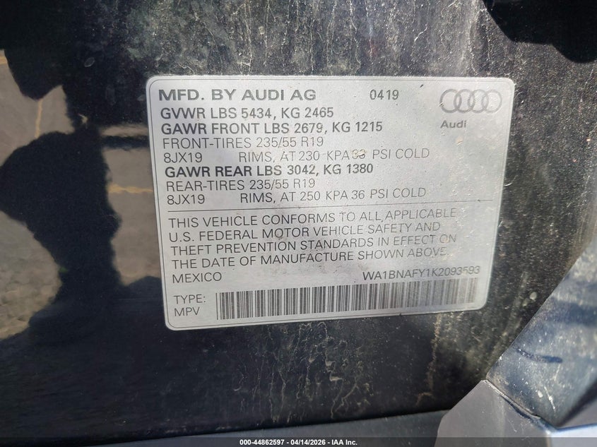 2019 Audi Q5 45 Premium VIN: WA1BNAFY1K2093593 Lot: 44862597