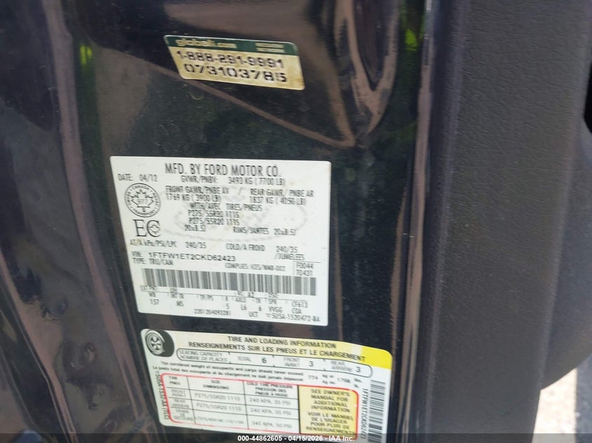 2012 Ford F-150 Xlt VIN: 1FTFW1ET2CKD62423 Lot: 44862605