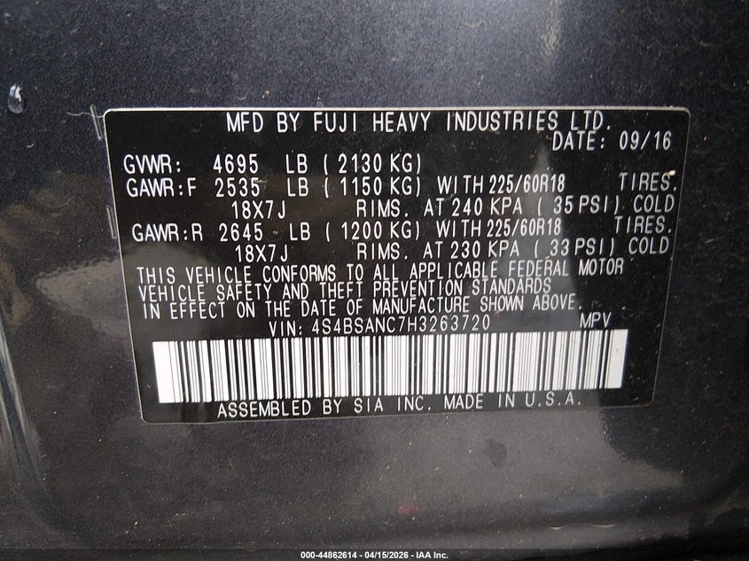 2017 Subaru Outback 2.5I Limited VIN: 4S4BSANC7H3263720 Lot: 44862614