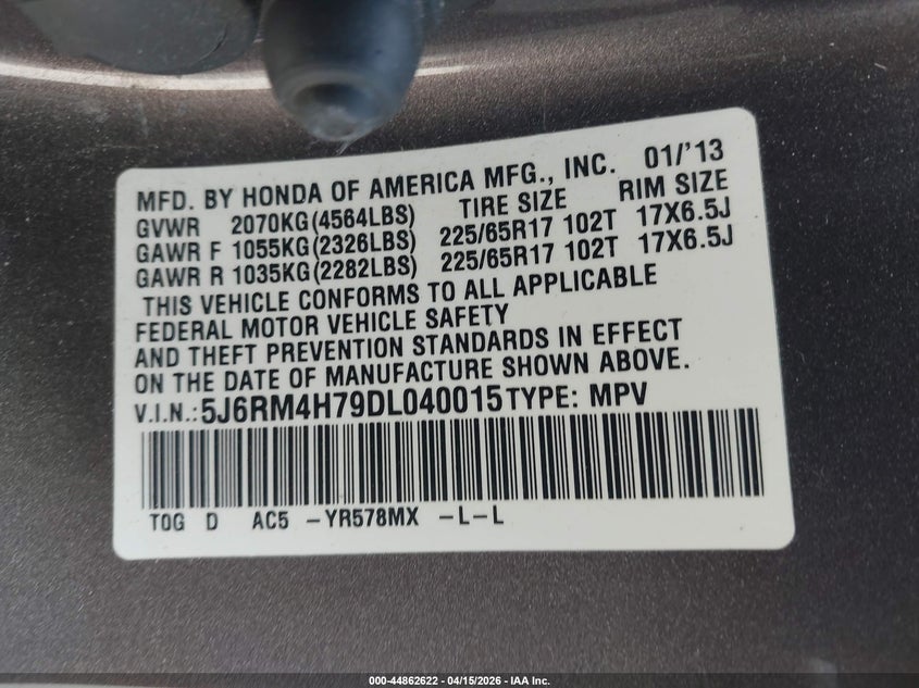 2013 Honda Cr-V Ex-L VIN: 5J6RM4H79DL040015 Lot: 44862622