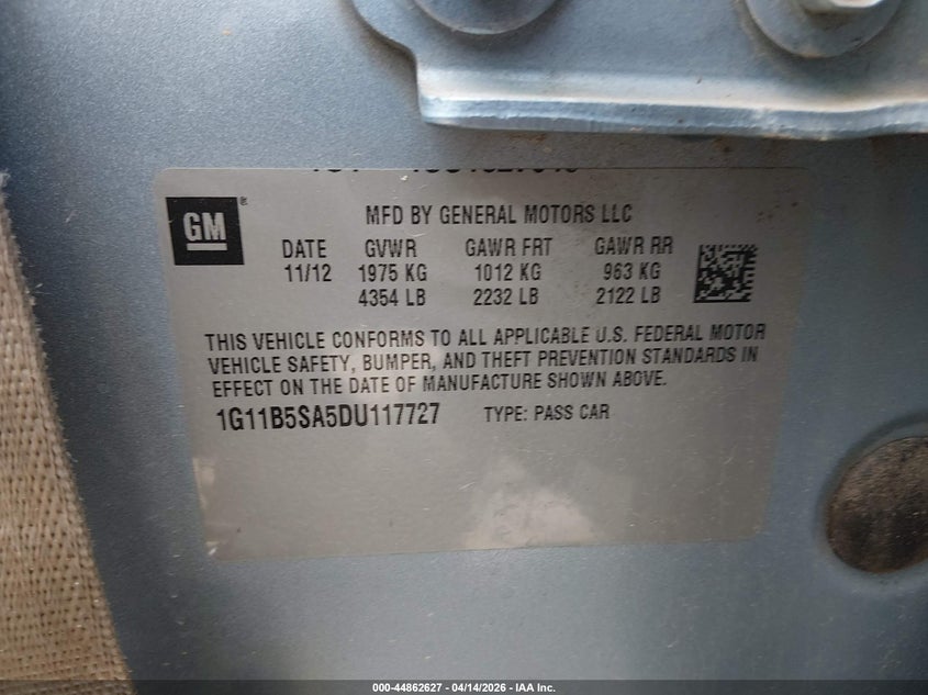 2013 Chevrolet Malibu 1Ls VIN: 1G11B5SA5DU117727 Lot: 44862627