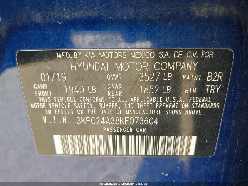 2019 Hyundai Accent Se VIN: 3KPC24A38KE073604 Lot: 44862635