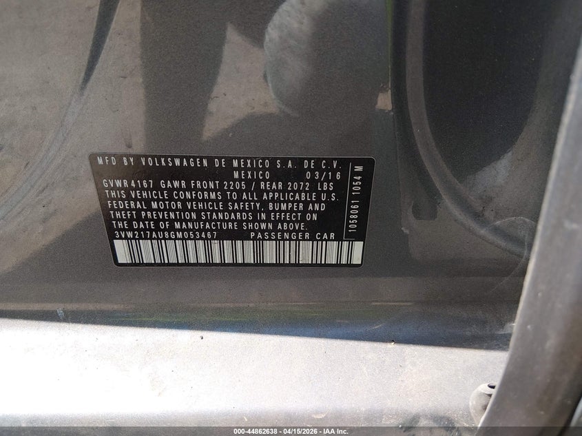 2016 Volkswagen Golf Tsi S 4-Door VIN: 3VW217AU8GM053467 Lot: 44862638