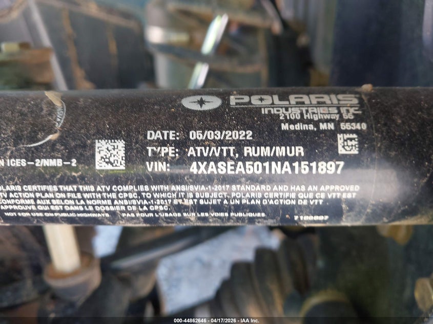 2022 Polaris Sportsman 450 H.o. VIN: 4XASEA501NA151897 Lot: 44862646