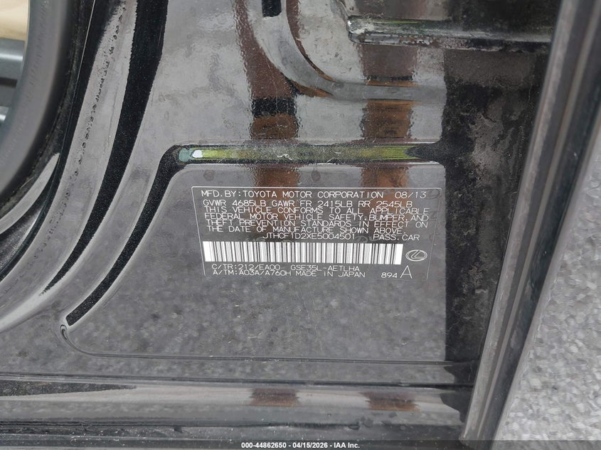 2014 Lexus Is 250 VIN: JTHCF1D2XE5004501 Lot: 44862650