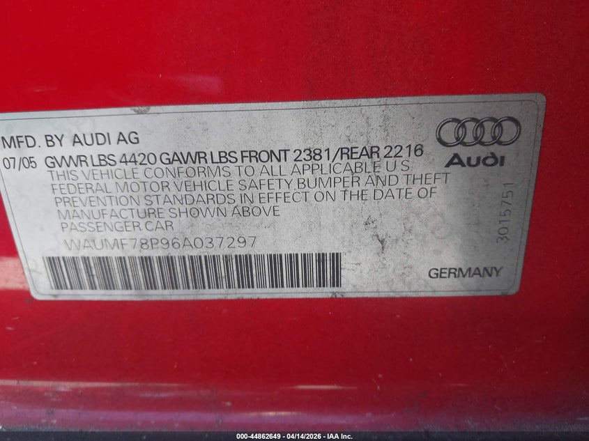 2006 Audi A3 2.0T VIN: WAUMF78P96A037297 Lot: 44862649