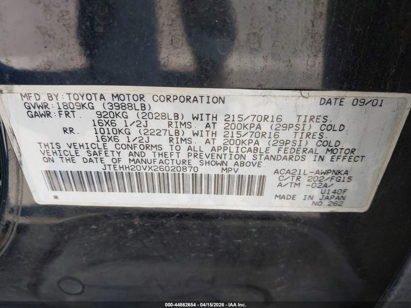 2002 Toyota Rav4 VIN: JTEHH20VX26020870 Lot: 44862654