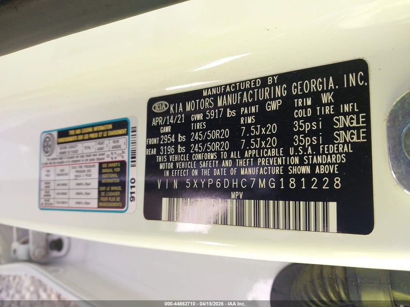 2021 Kia Telluride S VIN: 5XYP6DHC7MG181228 Lot: 44862710