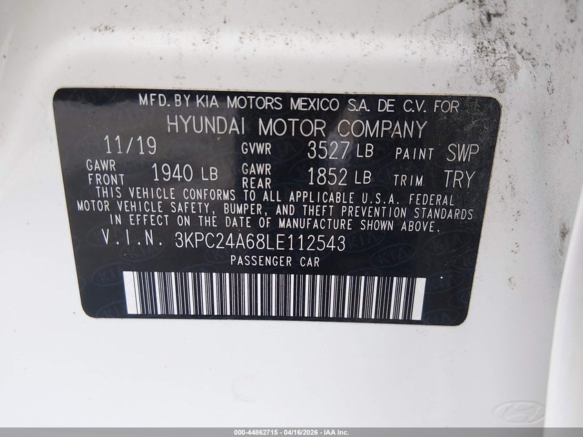 2020 Hyundai Accent 1.6 Se white Lot 111044862715 Vin 3KPC24A68LE112543