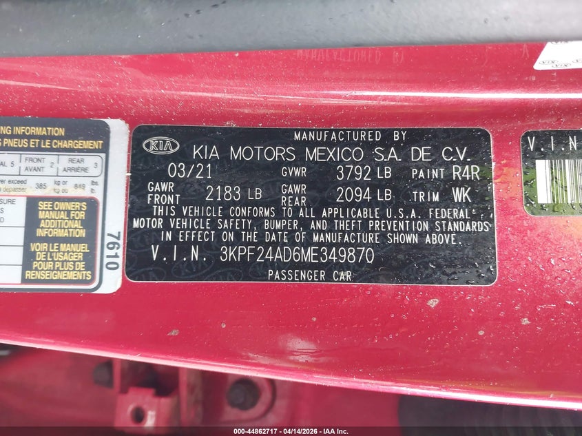 2021 Kia Forte Lxs VIN: 3KPF24AD6ME349870 Lot: 44862717