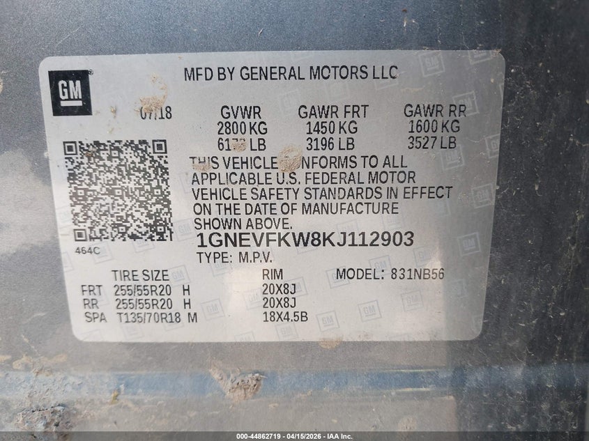 2019 Chevrolet Traverse Ls VIN: 1GNEVFKW8KJ112903 Lot: 44862719