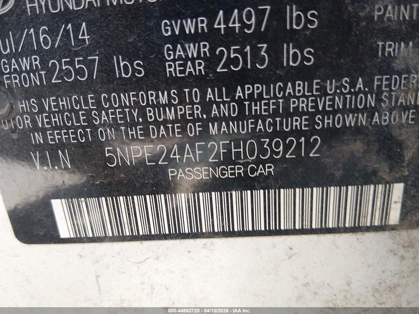 2015 Hyundai Sonata Se VIN: 5NPE24AF2FH039212 Lot: 44862720