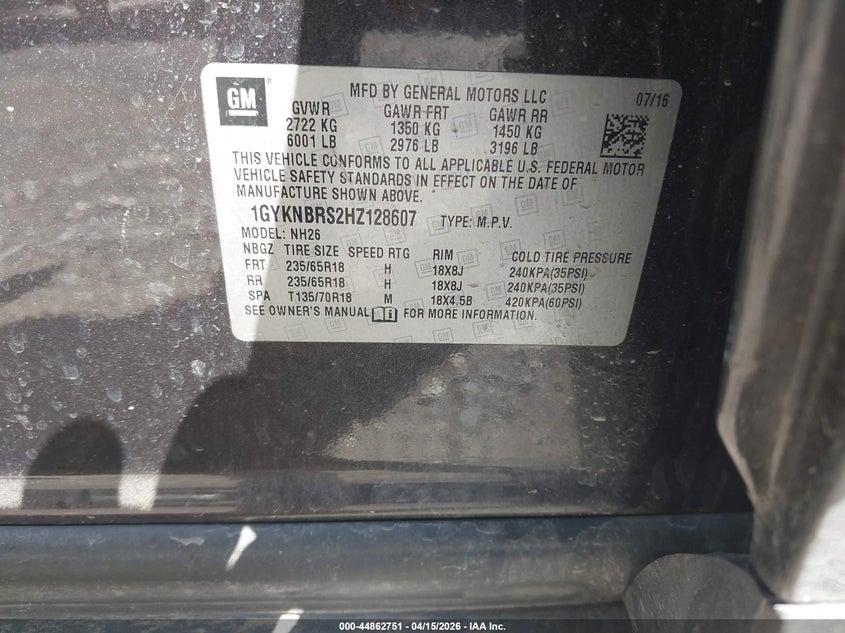 2017 Cadillac Xt5 Luxury VIN: 1GYKNBRS2HZ128607 Lot: 44862751