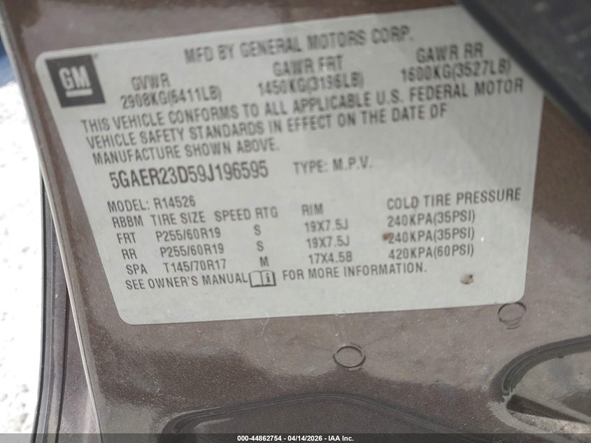 2009 Buick Enclave Cxl VIN: 5GAER23D59J196595 Lot: 44862754