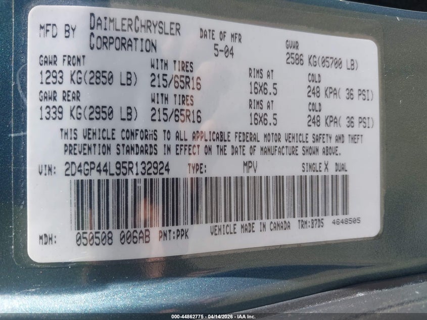 2005 Dodge Grand Caravan Sxt VIN: 2D4GP44L95R132924 Lot: 44862775