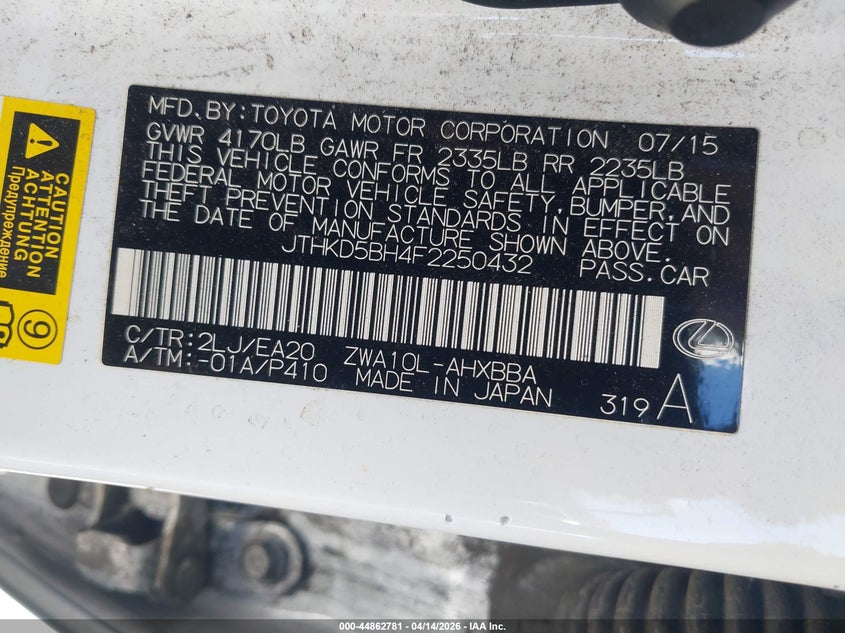 2015 Lexus Ct 200H VIN: JTHKD5BH4F2250432 Lot: 44862781