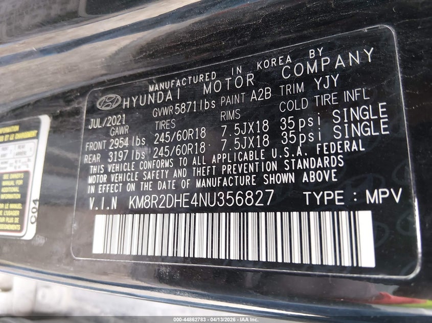 2022 Hyundai Palisade Sel VIN: KM8R2DHE4NU356827 Lot: 44862783