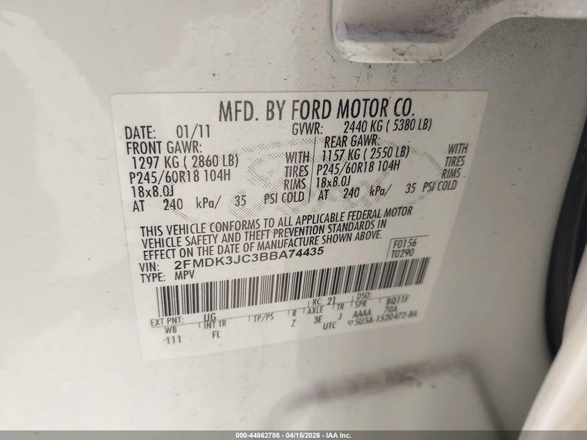 2011 Ford Edge Sel VIN: 2FMDK3JC3BBA74435 Lot: 44862786