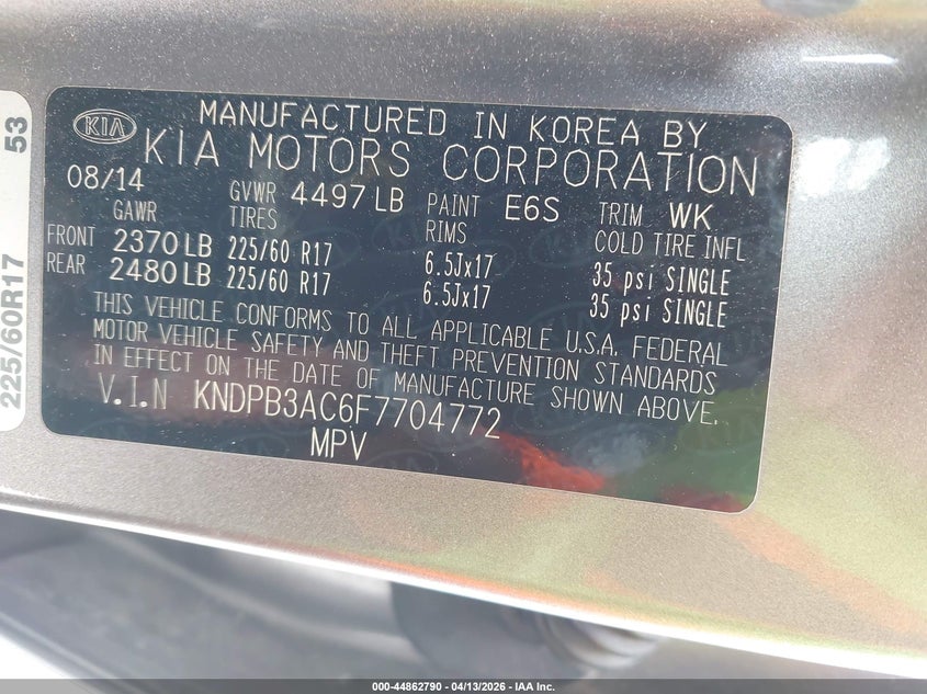 2015 Kia Sportage Lx VIN: KNDPB3AC6F7704772 Lot: 44862790