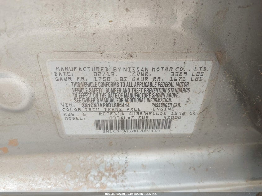 2013 Nissan Versa 1.6 S+ VIN: 3N1CN7AP8DL884414 Lot: 44862789