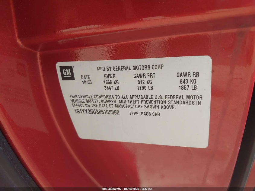 2006 Chevrolet Corvette VIN: 1G1YY26U865105892 Lot: 44862797