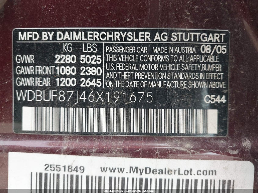 2006 Mercedes-Benz E 350 4Matic VIN: WDBUF87J46X191675 Lot: 44862805