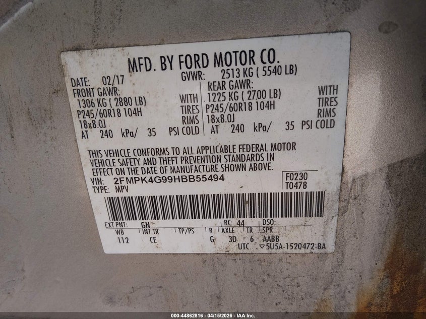 2017 Ford Edge Se VIN: 2FMPK4G99HBB55494 Lot: 44862816